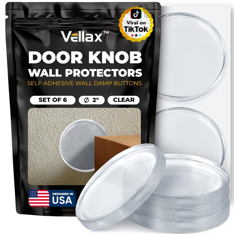 Vellax Large 2"" Door Knob Wall Protectors - 6 Clear Self-Adhesive Silicone Bumper Pads in Damp Button Shape - Noise Dampening Wall & Furniture Guards by VELLAX - Image 1
